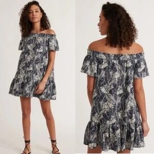 Marine Layer‎ Shirley Off The Shoulder Dress in Navy Palm Leaf Print Size Small